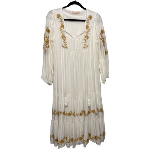 Anthropologie Mo Huan Yi Chu V-Neck Embroidered Boho MIDI Dress Size Large - Picture 4 of 8